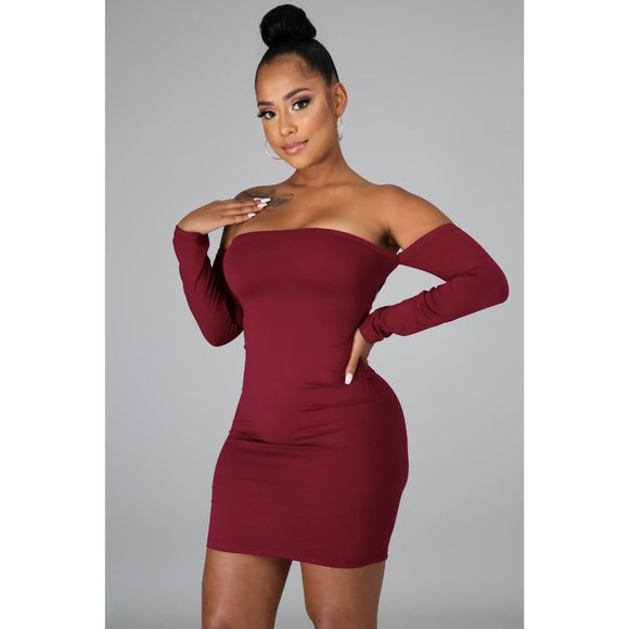 Burgundy Off Shoulder Lace Up Bodycon Dress - Picture 2 of 5